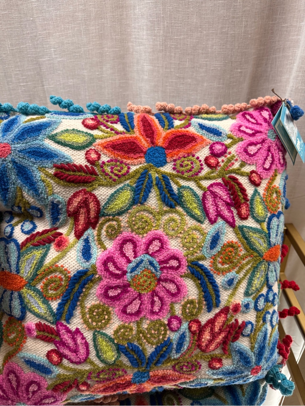 Karma Handcrafted Floral Hooked Pillow Cover in Pink, Blue and Green